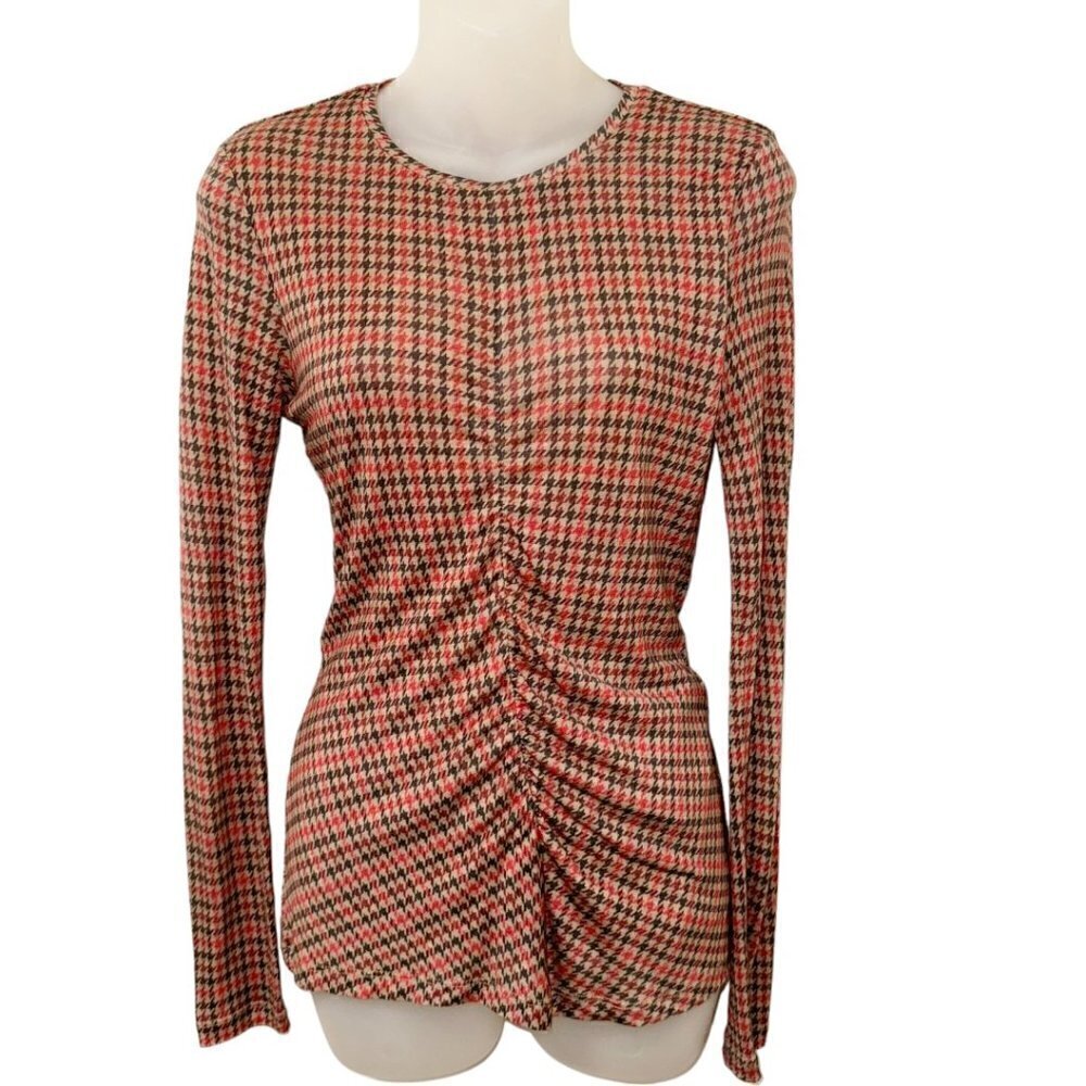 HUGO BOSS Women's Houndstooth Egila Print Top Wool Blend Ruched Seam sz S
